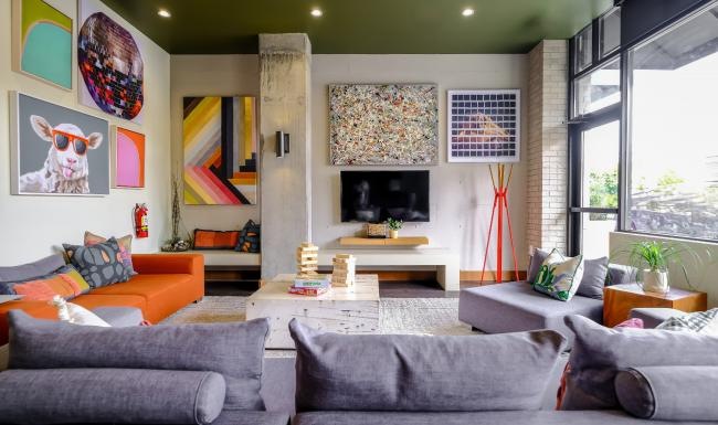 a living room with a fireplace